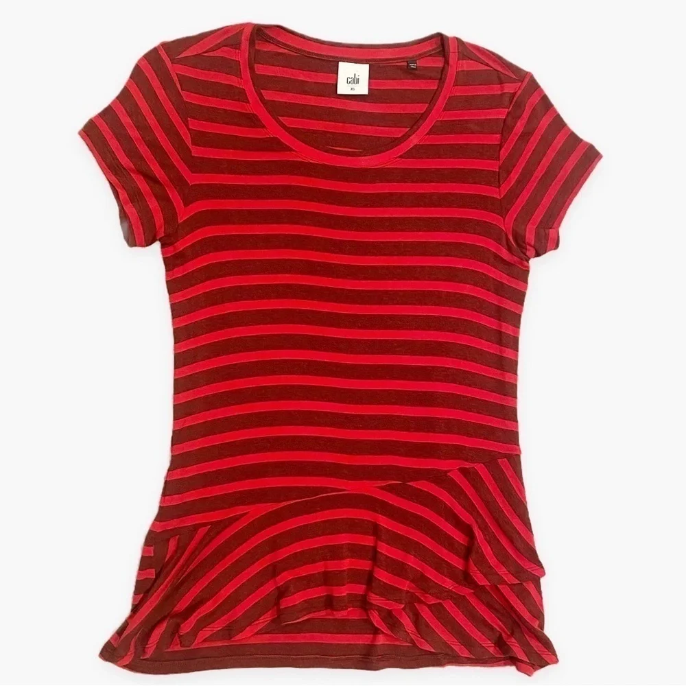 Cabi | Sweet Talk Tee Striped Ruffled Peplum Red Size XS - Picture 8 of 8